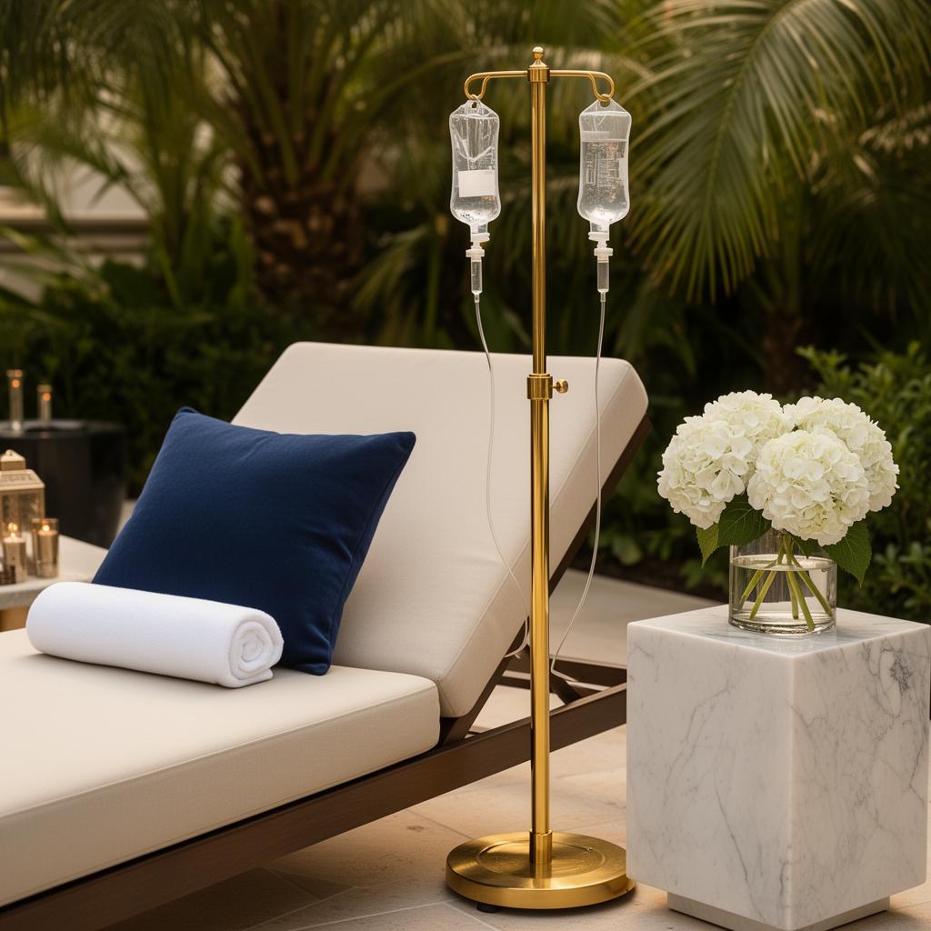 Luxury patio with gold IV stand beside a chaise — Infuse2You in-home service